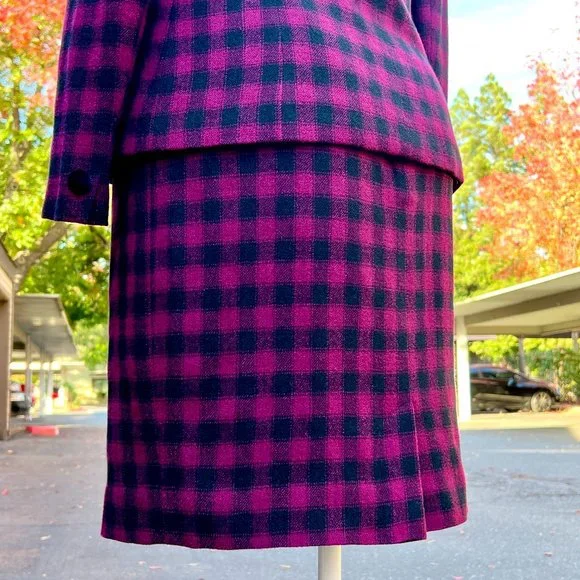 Vintage Jones New York Velvet Trim Plaid Lined Wool Skirt Suit Size 14 - Picture 8 of 13